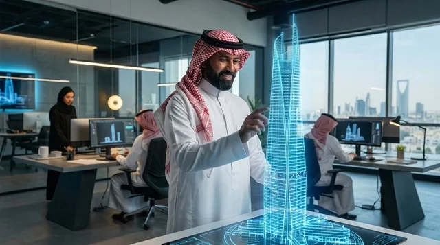 رجل أعمال سعودي يتفاعل مع مجسم هولوغرام في مكتب بالرياض