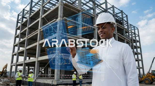 مهندس عربي يتفاعل مع مخطط بناء هولوغرام ثلاثي الأبعاد