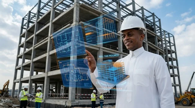 مهندس عربي يتفاعل مع مخطط بناء هولوغرام ثلاثي الأبعاد