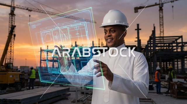 مهندس سعودي يتفاعل مع مخطط هولوغرام في موقع البناء
