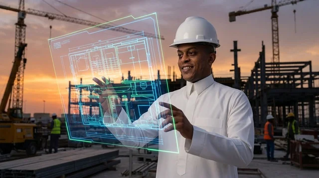 مهندس سعودي يتفاعل مع مخطط هولوغرام في موقع البناء