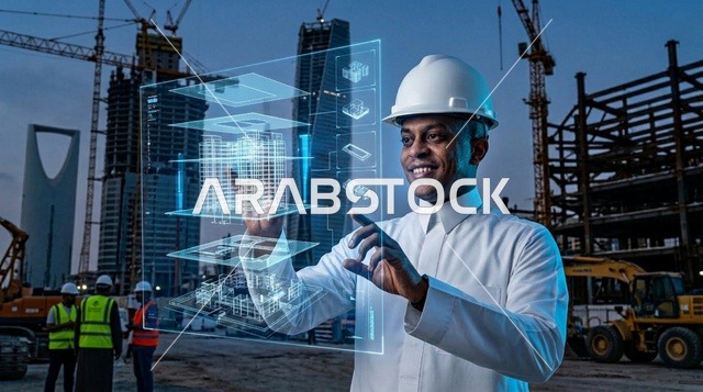 مهندس سعودي يتفاعل مع هولوغرام بموقع بناء في الرياض