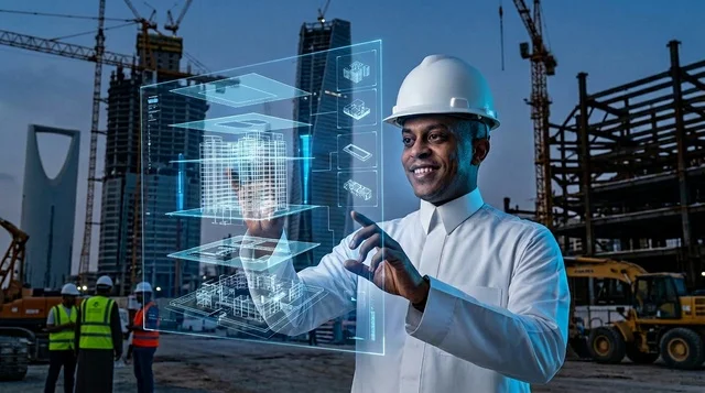 مهندس سعودي يتفاعل مع هولوغرام بموقع بناء في الرياض