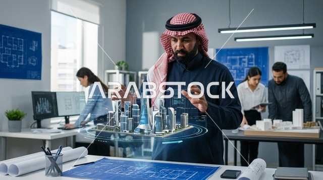 مهندس معماري عربي يتفاعل مع مجسم هولوغرام ثلاثي الأبعاد