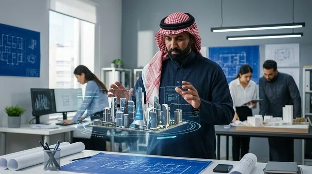 مهندس معماري عربي يتفاعل مع مجسم هولوغرام ثلاثي الأبعاد