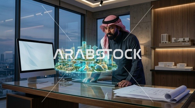 مهندس معماري سعودي يدرس مجسم هولوجرام لمدينة ذكية في مكتبه