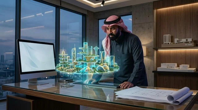 Saudi Architect Examining Smart City Hologram in Office