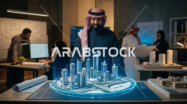 مهندس معماري سعودي يدرس مجسم هولوجرام لمدينة ذكية