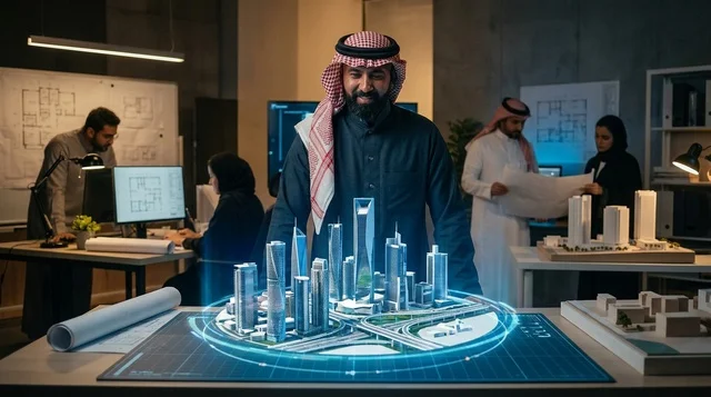 Saudi Architect Examining Smart City Hologram in Office