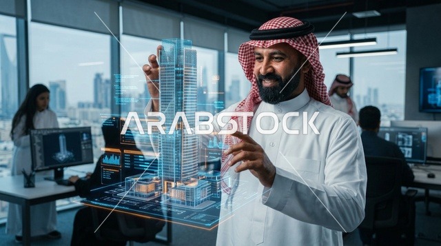 مهندس سعودي يتفاعل مع هولوغرام ثلاثي الأبعاد بمكتب