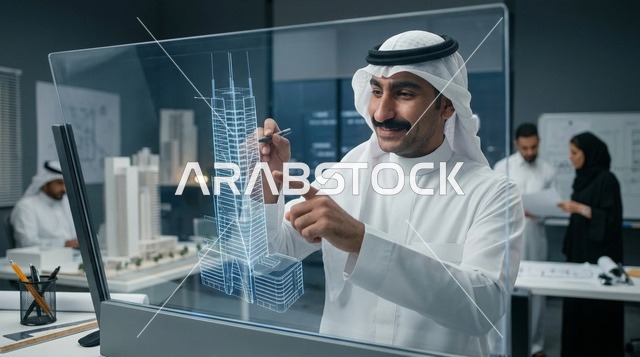 مهندس معماري عربي يصمم برجاً مستقبلياً على شاشة ذكية
