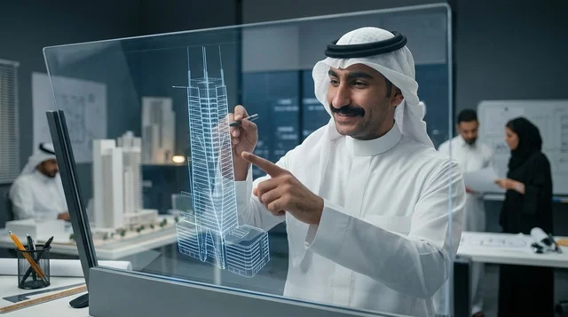 مهندس معماري عربي يصمم برجاً مستقبلياً على شاشة ذكية