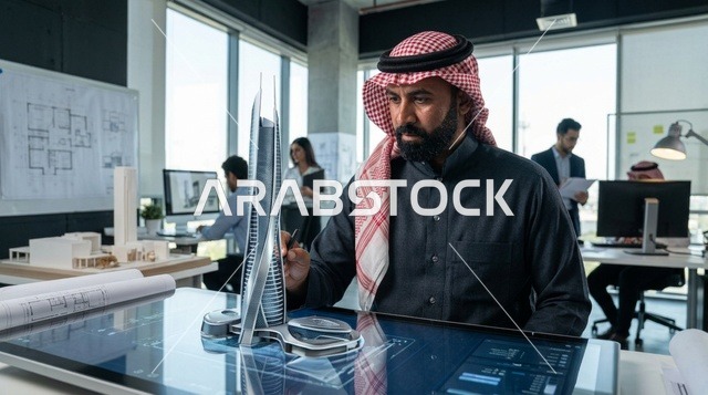 مهندس معماري سعودي يصمم مجسم برج في مكتب حديث