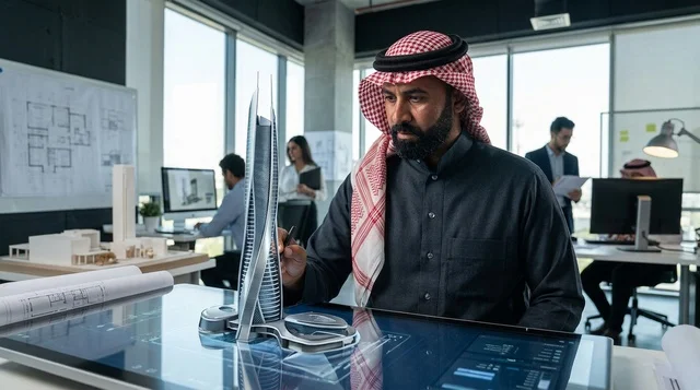 مهندس معماري سعودي يصمم مجسم برج في مكتب حديث