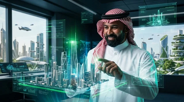 رجل أعمال سعودي يتفاعل مع هولوغرام مدينة ذكية