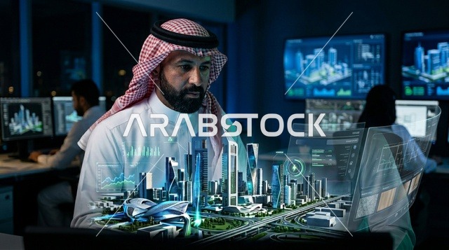 مهندس سعودي يدرس مجسم ثلاثي الأبعاد لمدينة مستقبلية ذكية