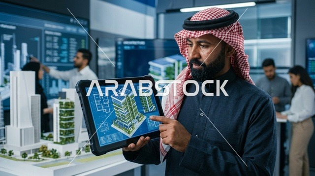 مهندس معماري عربي يعرض مخطط بناء رقمي في مكتب هندسي