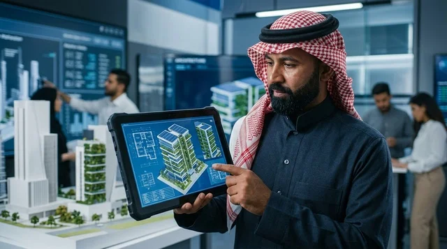 مهندس معماري عربي يعرض مخطط بناء رقمي في مكتب هندسي