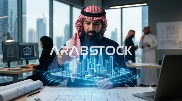مهندس معماري عربي يتفاعل مع هولوغرام ثلاثي الأبعاد