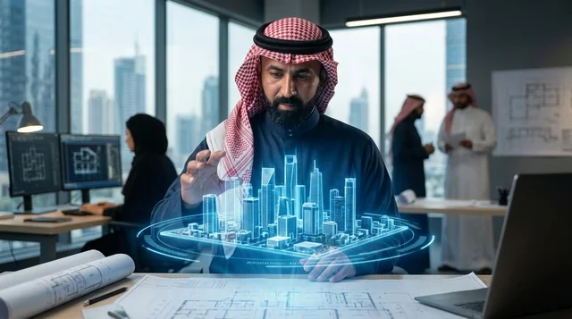 مهندس معماري عربي يتفاعل مع هولوغرام ثلاثي الأبعاد