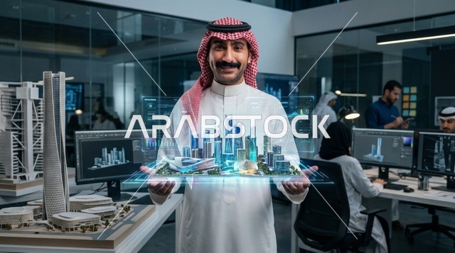 مهندس معماري سعودي يحمل مجسم هولوغرام ثلاثي الأبعاد