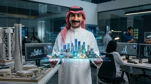 مهندس معماري سعودي يحمل مجسم هولوغرام ثلاثي الأبعاد
