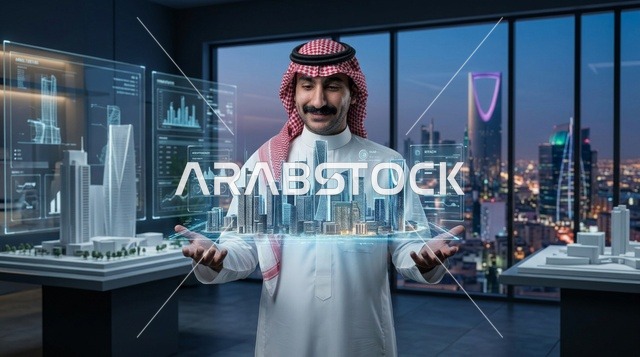 مهندس معماري سعودي يحمل مجسم هولوجرام لمدينة الرياض