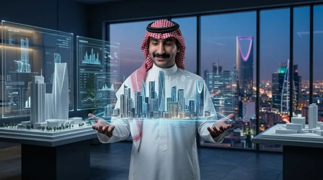 مهندس معماري سعودي يحمل مجسم هولوجرام لمدينة الرياض