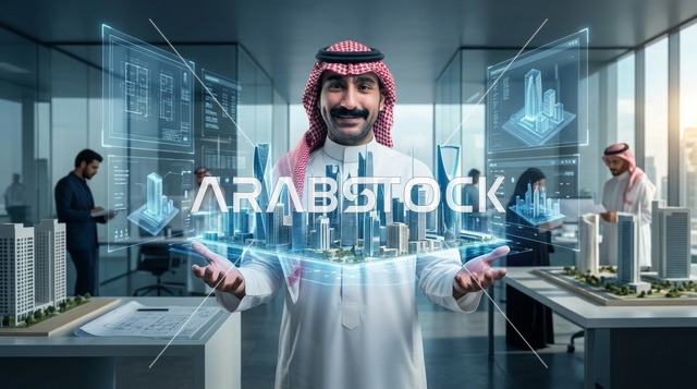 مهندس معماري سعودي يحمل مجسم هولوغرام لمدينة الرياض
