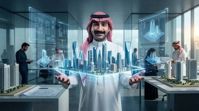 مهندس معماري سعودي يحمل مجسم هولوغرام لمدينة الرياض