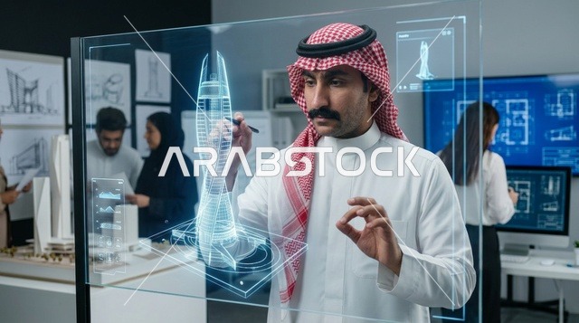 مهندس معماري سعودي يعمل على شاشة رقمية ثلاثية الأبعاد