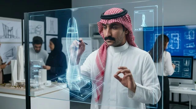 مهندس معماري سعودي يعمل على شاشة رقمية ثلاثية الأبعاد