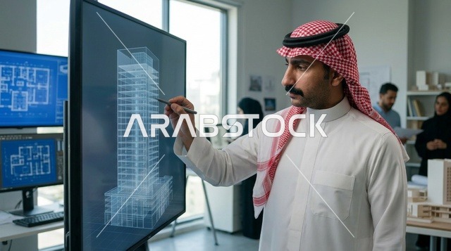 مهندس معماري سعودي يراجع مخطط ثلاثي الأبعاد على الشاشة