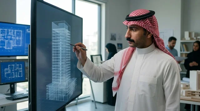 Saudi Architect Reviewing 3D Building Model on Screen