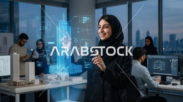 مهندسة معمارية عربية تعمل مع الهولوغرام في المكتب