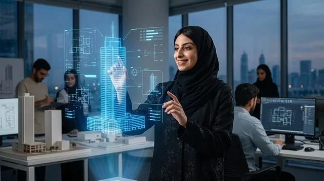 Arab Female Architect Working with Hologram in Office