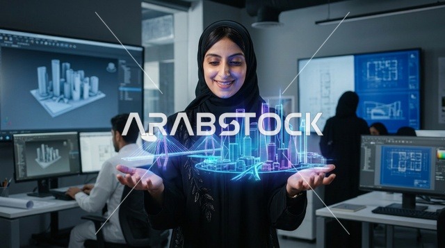 مهندسة عربية تستعرض هولوغرام لمدينة ذكية مستقبلية