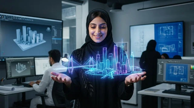 مهندسة عربية تستعرض هولوغرام لمدينة ذكية مستقبلية