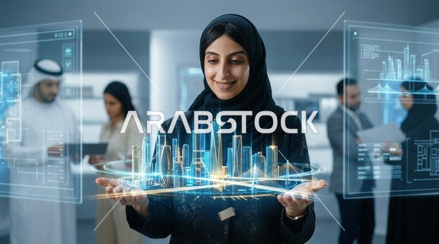 مهندسة معمارية سعودية يدرس مجسم هولوجرام لمدينة ذكية