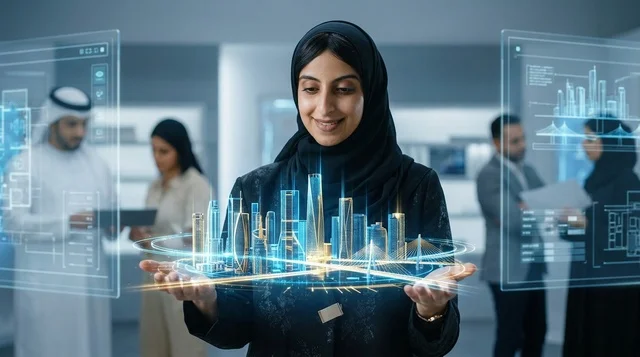 Saudi Architect Examining Smart City Hologram in Office