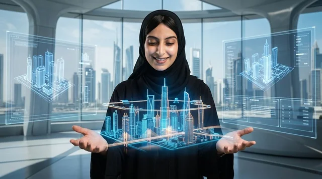 امرأة عربية تعرض هولوغرام ثلاثي الأبعاد لمدينة ذكية