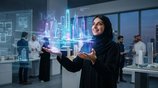 سيدة أعمال عربية تتفاعل مع نموذج هولوغرام لمدينة ذكية
