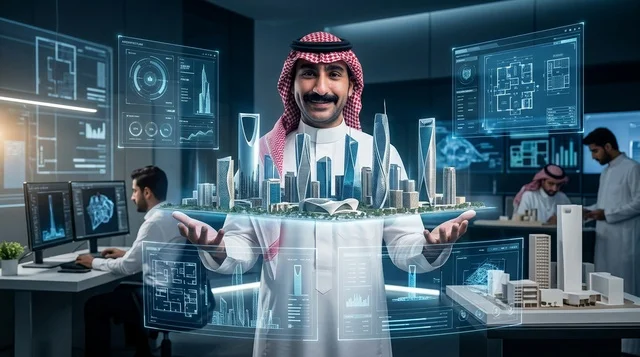 مهندس سعودي يعرض هولوغرام الرياض في مكتب مستقبلي