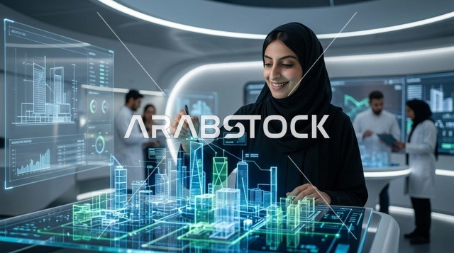 مهندسة عربية تتفاعل مع مجسم هولوغرام لمدينة ذكية