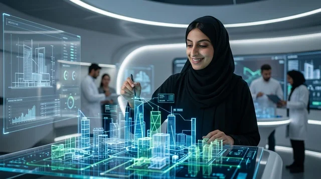 مهندسة عربية تتفاعل مع مجسم هولوغرام لمدينة ذكية