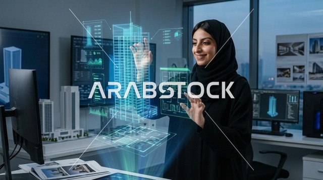 مهندسة معمارية عربية تتفاعل مع هولوغرام ثلاثي الأبعاد
