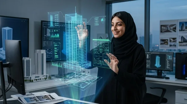 Arab Female Architect Interacting With 3D Hologram