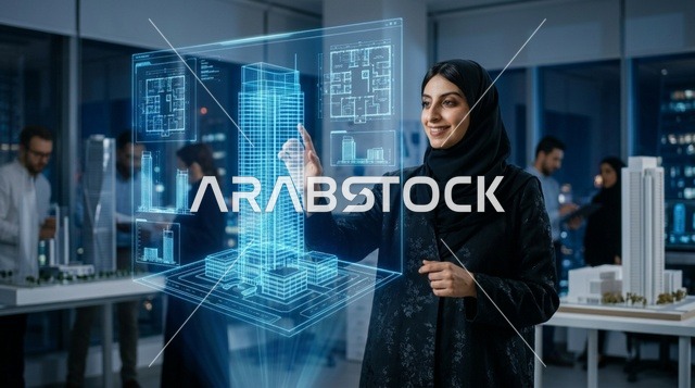 مهندسة معمارية عربية تتفاعل مع هولوغرام ناطحة سحاب