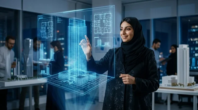 مهندسة معمارية عربية تتفاعل مع هولوغرام ناطحة سحاب
