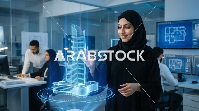 مهندسة عربية تتفاعل مع مجسم هولوغرام ثلاثي الأبعاد